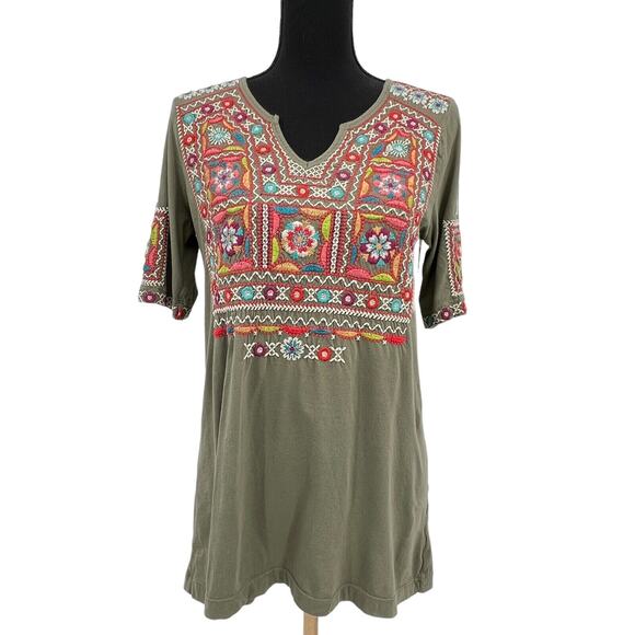 Johnny Was JW Los Angeles Olive Green Floral Embroidered Peasant Blouse Small - Picture 2 of 10